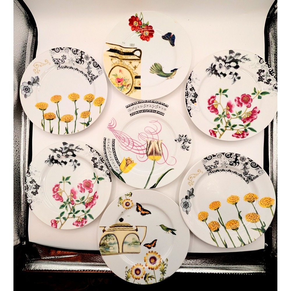 Anthropologie Botanical Bird Ceramic Salad Dessert Plates Set of 7
